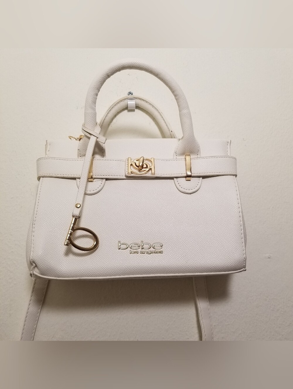 Bebe White Evie Top-Handle Satchel Purse With Crossbody Strap & Gold Hardware